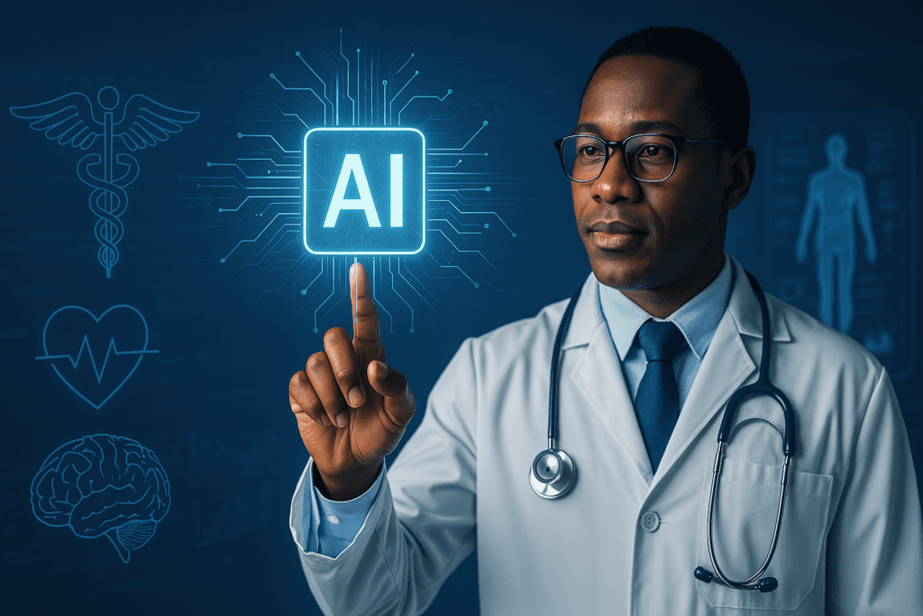 Doctor interacting with artificial intelligence in a high-tech digital health interface, featuring holographic medical icons and data visualizations symbolizing AI-driven patient care and innovation.