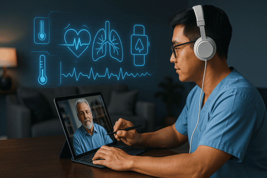 Healthcare professional conducting remote patient consultation using a tablet, with futuristic holographic icons representing heart rate, temperature, and wearable health monitoring, symbolizing AI-enhanced telemedicine in digital healthcare.