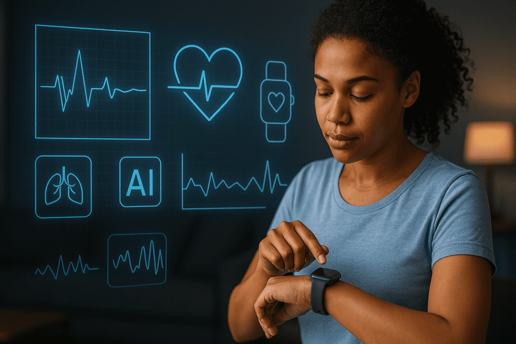 Young woman reviewing health metrics on a smartwatch with glowing holographic icons for heart rate, lung function, and AI integration, representing personal remote monitoring powered by digital health technologies.