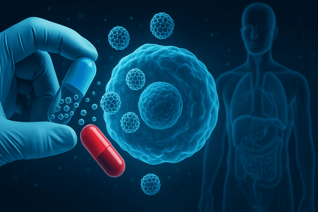 Nanoparticles emerging from a split capsule interact with human cells, illustrating advanced nanotechnology in targeted medical treatment and diagnostics