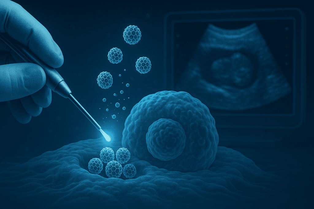 Gloved hand performs nanoscale surgery using a high-precision tool surrounded by nanostructures and cellular tissue, symbolizing nanotech’s impact on minimally invasive procedures