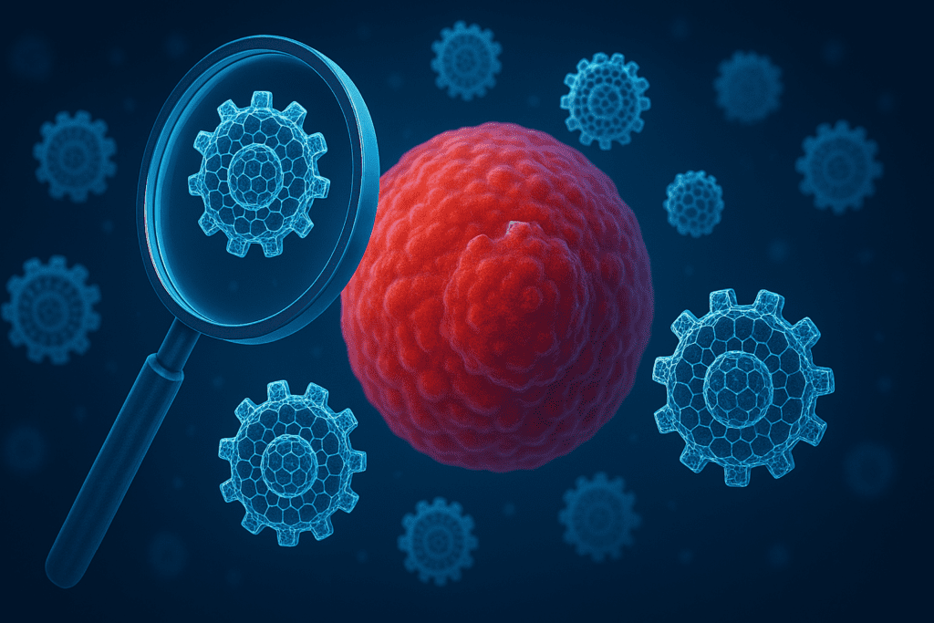 Magnified view of gear-like nanoparticles near a red cell, showcasing engineered nanomachines for disease detection and personalized medicine