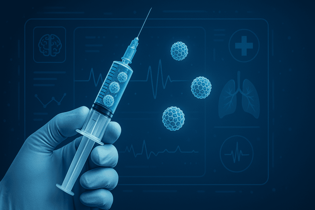 A syringe filled with glowing blue nanoparticles is held against a futuristic medical interface, representing nanotechnology-based drug delivery systems in healthcare