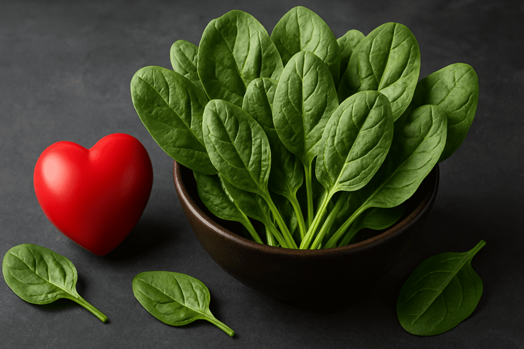 Fresh spinach leaves in a dark ceramic bowl beside a red heart symbol on a slate background, symbolizing spinach's role in heart health and blood pressure control.
