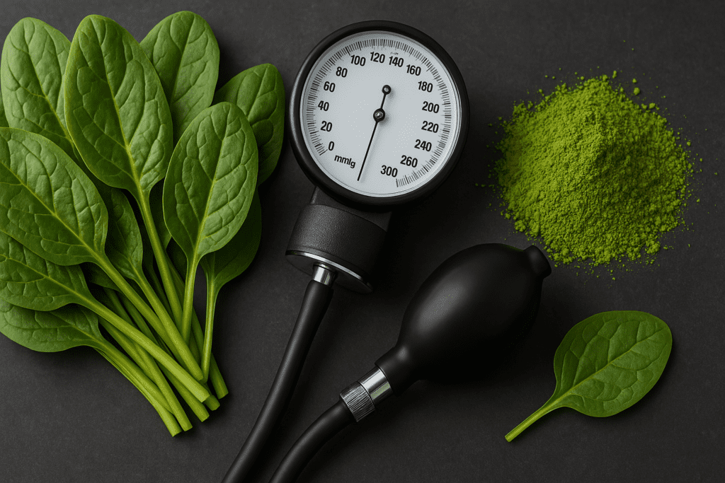 Fresh spinach leaves with a sphygmomanometer and a mound of green powder on a dark textured surface, representing spinach’s connection to natural blood pressure management.