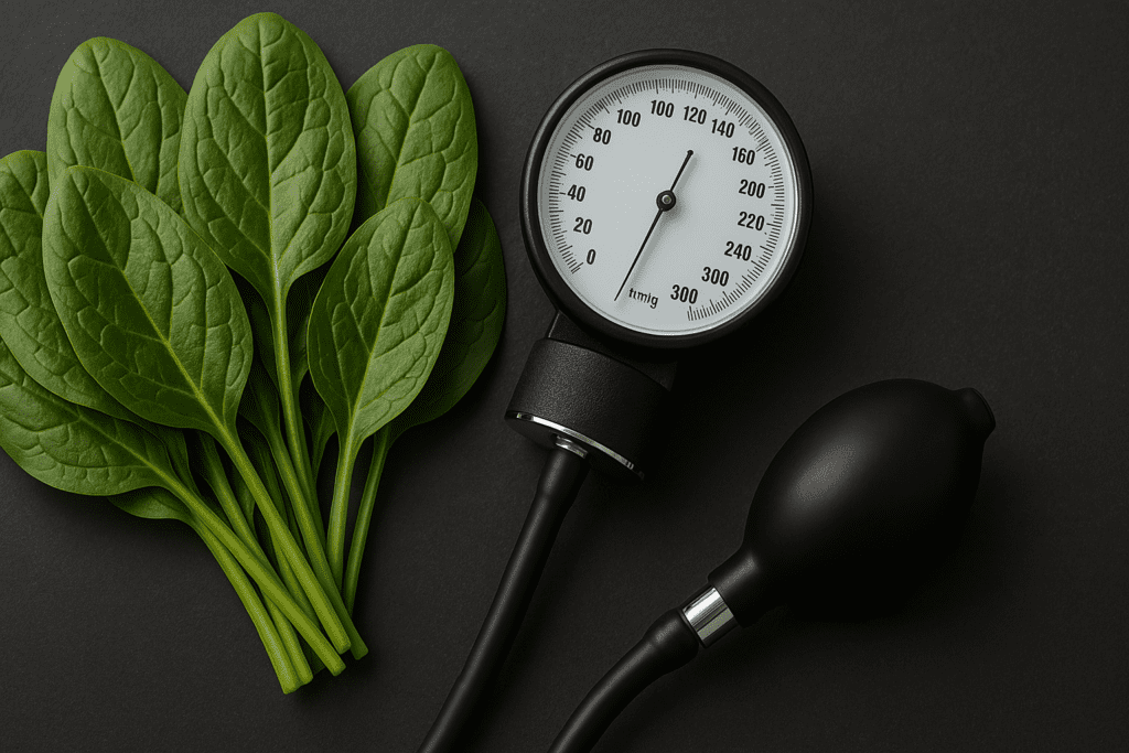 Close-up of spinach leaves arranged beside a black blood pressure monitor on a dark background, highlighting the nutritional benefits of spinach for cardiovascular health.