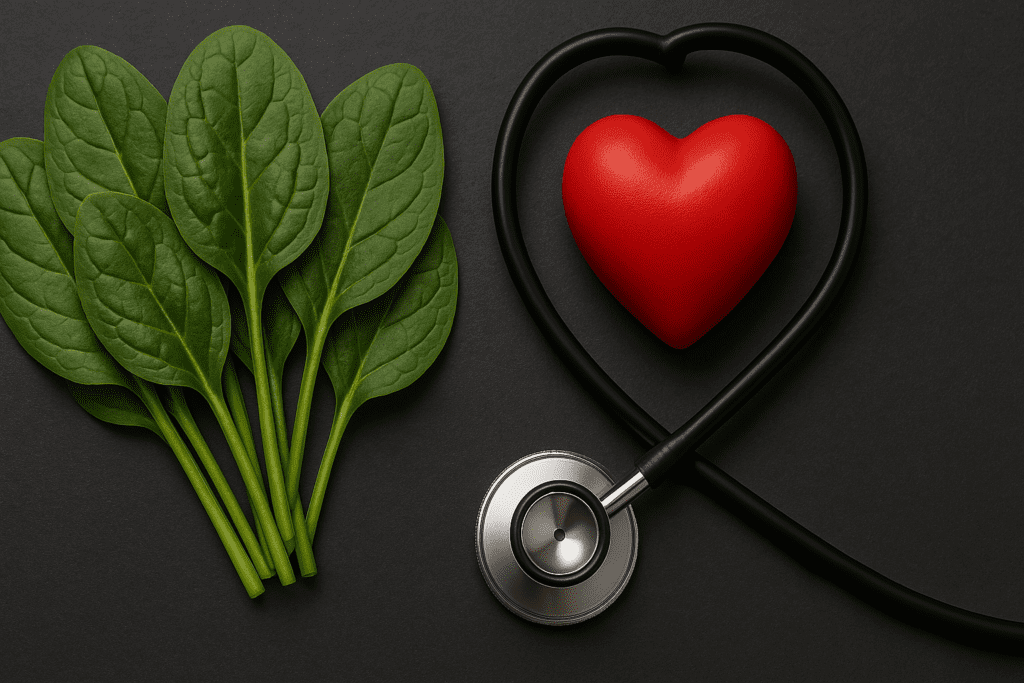 Fresh spinach leaves next to a red heart encircled by a stethoscope on a dark surface, visually emphasizing the relationship between spinach consumption and heart health.