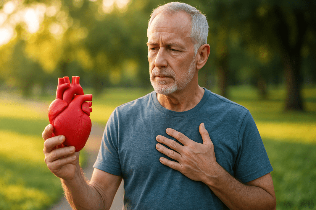 A photograph captures an older Caucasian man with silver hair standing alone in a park, holding a red anatomical heart model in one hand while placing his other hand on his chest. Set in soft morning sunlight with blurred green trees behind him, the image conveys a calm, thoughtful mood and highlights the importance of cardiovascular health awareness for aging adults.