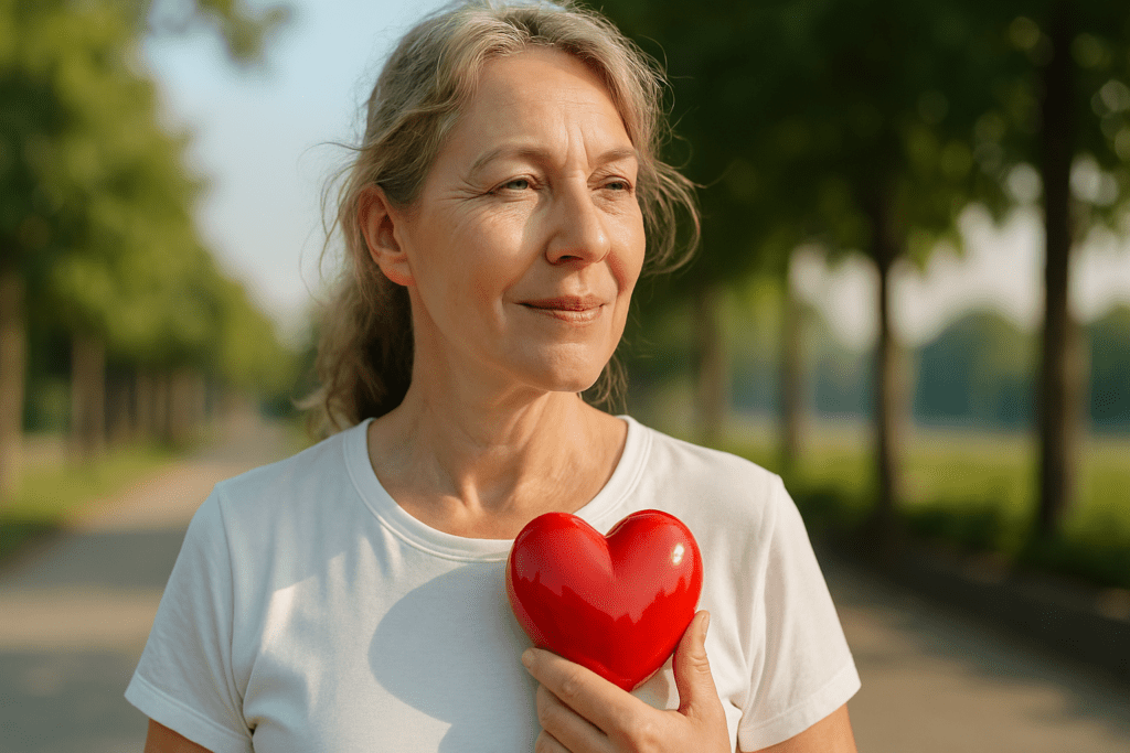 A photograph captures a Caucasian woman in her early 50s standing on a sunlit, tree-lined outdoor path, gently holding a glossy red heart near her chest. Bathed in soft natural morning light, the image symbolizes heart health awareness and conveys a calm, hopeful mood tied to cardiovascular wellness for adults.