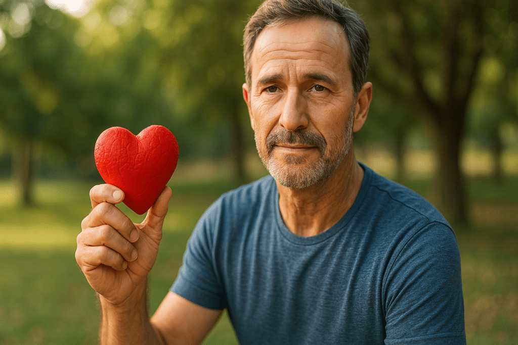 A middle-aged man with short salt-and-pepper hair and a trimmed beard holds a bright red heart model in one hand while sitting in a park during early morning light. The image highlights heart health awareness in a natural outdoor setting, emphasizing cardiovascular wellness through a symbolic gesture.