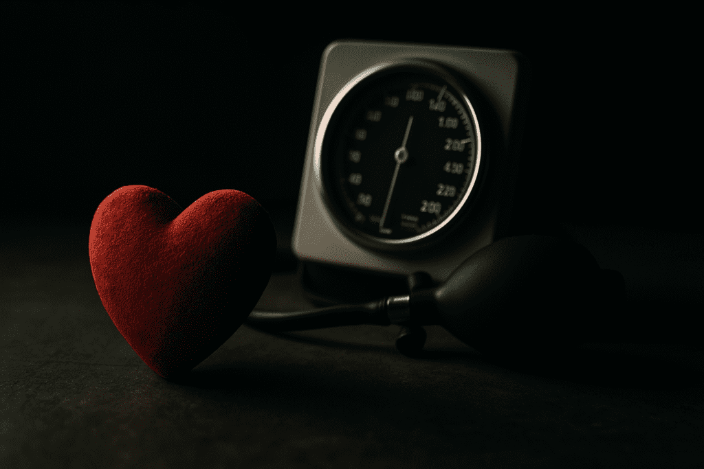 A dramatic photograph displays a red heart-shaped object in sharp focus with a blood pressure monitor and pump blurred behind it on a dark surface. The moody lighting and deep shadows underscore the importance of monitoring cardiovascular health through tools like blood pressure checks.