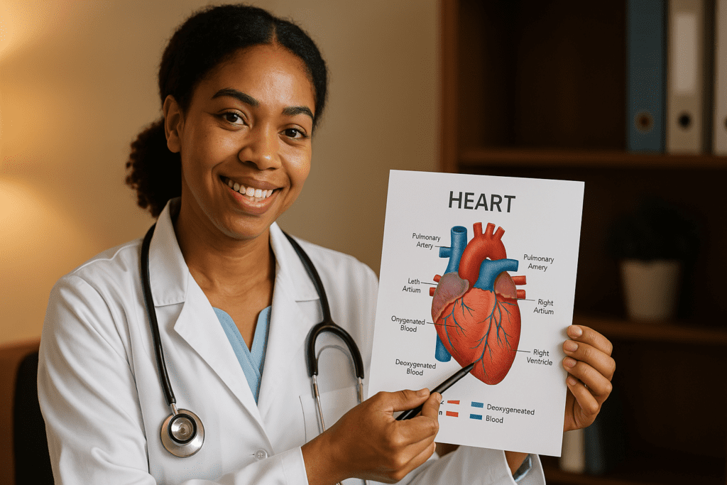 A high-resolution digital photograph features an African American female doctor in a warmly lit medical office, smiling and pointing at the right ventricle on a heart diagram. This clean, clinical visual enhances educational content about heart anatomy and supports cardiovascular health awareness with clarity and warmth.