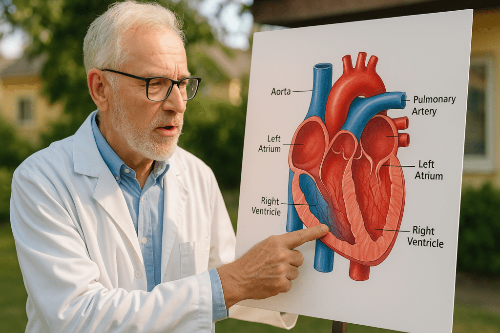 An older Caucasian male doctor wearing a white lab coat and glasses explains a labeled heart diagram outdoors under soft natural morning light; he points at the right ventricle on the colorful anatomical chart, with a blurred yellow house and green trees in the background, illustrating heart anatomy in a calm and educational setting.