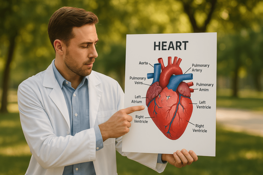 A young male doctor in a white lab coat stands outdoors in a sunlit park, holding and pointing at a labeled heart diagram. The warm natural lighting and green background emphasize the educational focus on cardiovascular health and heart anatomy.