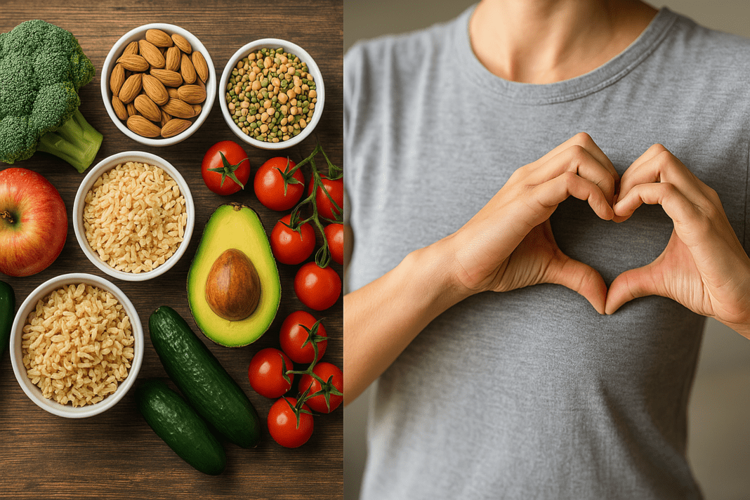 A composite image showing a variety of heart-healthy, cancer-preventive foods like broccoli, tomatoes, avocado, brown rice, almonds, and apples on a wooden surface beside a person in a gray shirt forming a heart shape with their hands over their chest, symbolizing natural strategies for disease prevention.