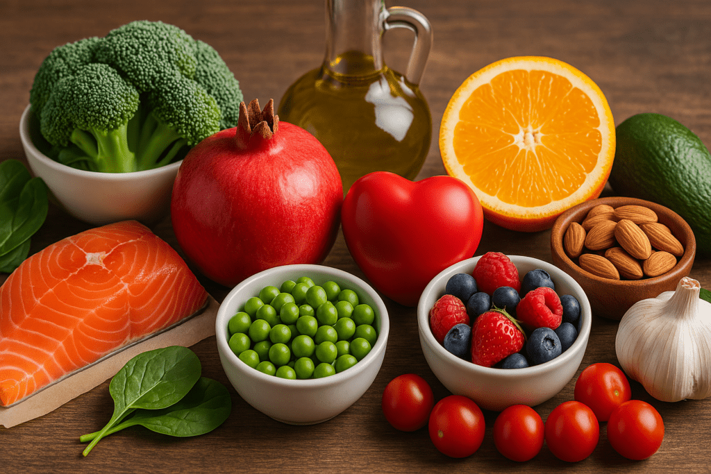 A high-resolution photograph displays an assortment of heart-healthy and cancer-fighting foods on a wooden table, including salmon, broccoli, spinach, peas, tomatoes, berries, almonds, garlic, avocado, orange, olive oil, and a pomegranate.