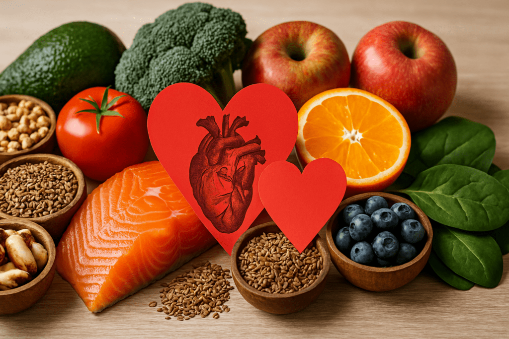 A selection of heart-healthy and cancer-preventive foods including salmon, flaxseeds, spinach, broccoli, blueberries, and citrus fruits arranged around anatomical heart cutouts on a wooden surface