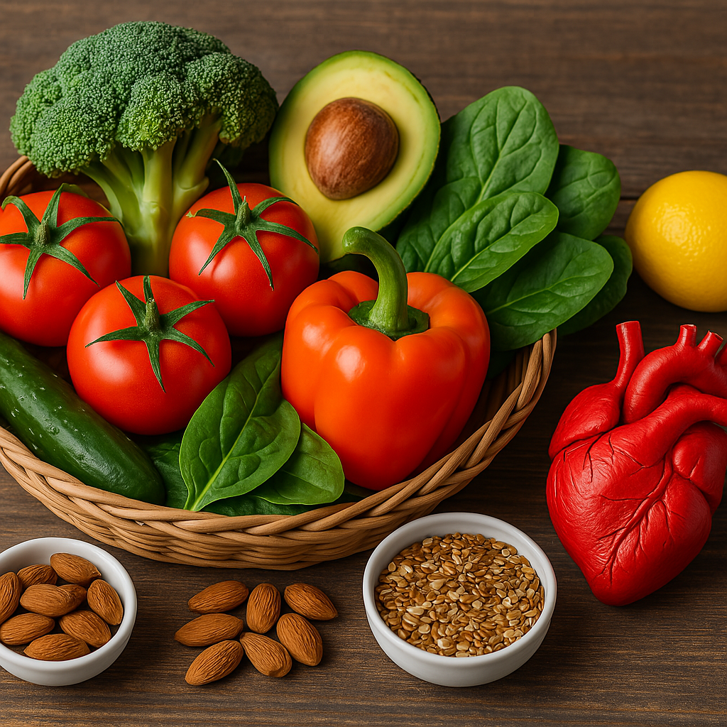 A high-resolution image of a wicker basket filled with fresh vegetables including broccoli, tomatoes, orange bell pepper, avocado, spinach, and cucumber, arranged on a rustic wooden surface alongside a realistic heart model, a lemon, almonds, and a bowl of flaxseeds—representing natural foods that support cancer prevention and heart health.