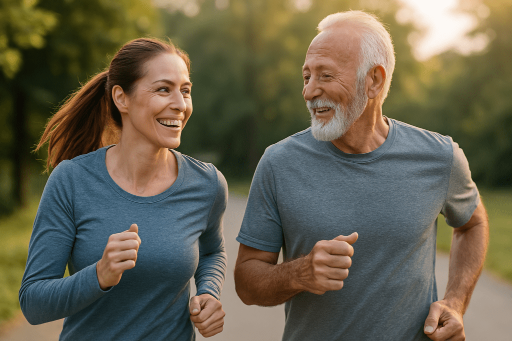 A fit middle-aged couple jogs on a sunlit nature path, representing natural heart-strengthening habits through daily exercise.