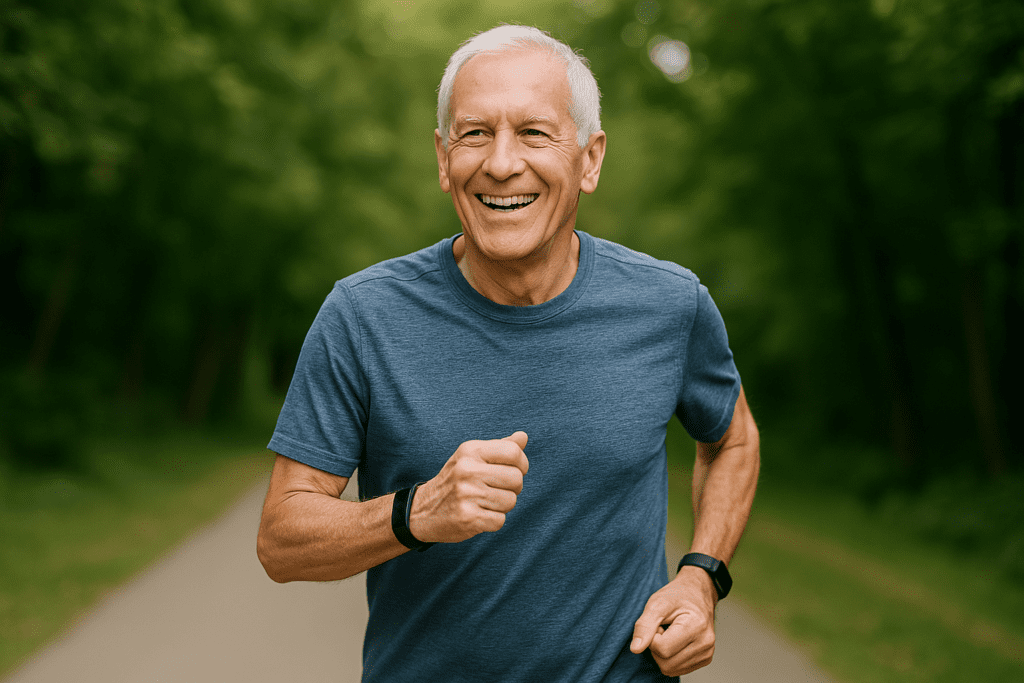 A smiling senior man runs outdoors with a fitness tracker, highlighting safe, active aging and cardiovascular fitness.