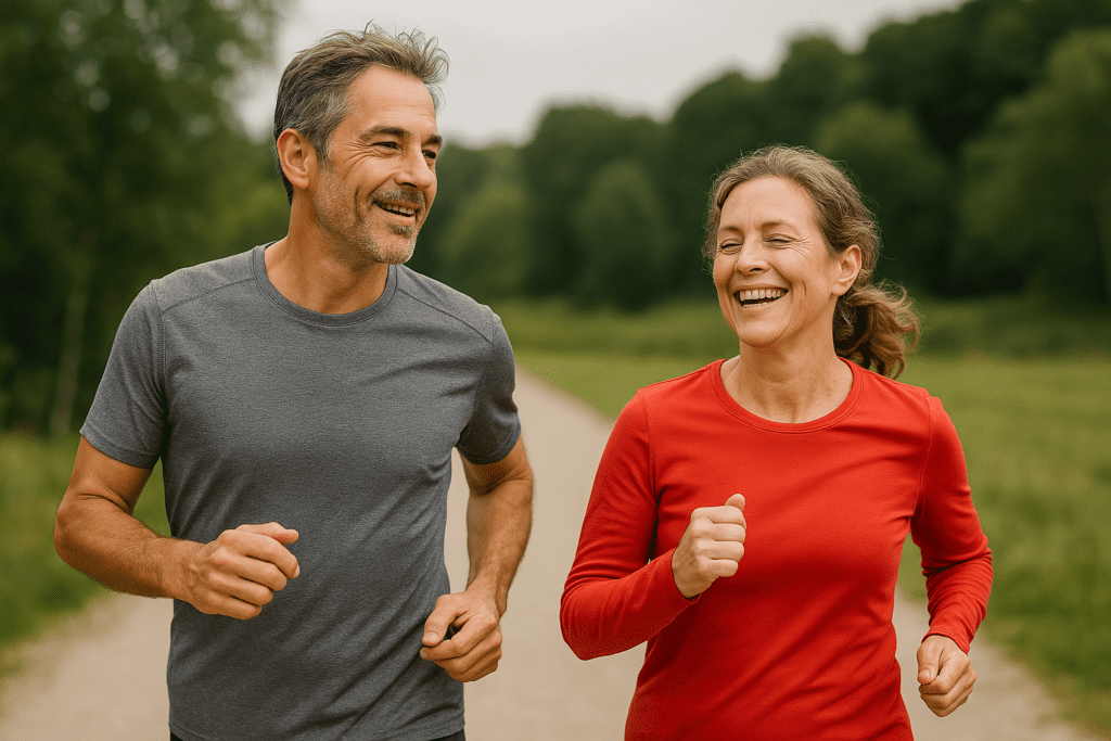 A happy middle-aged couple jogs together on a green trail, reflecting lifestyle habits that naturally boost heart health.