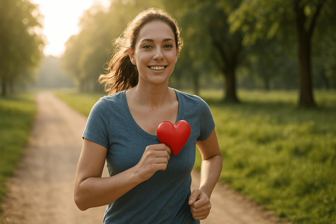 A young woman jogs along a tree-lined dirt path during early morning light, smiling brightly while holding a red heart near her chest. The warm natural sunlight and rural outdoor setting emphasize a healthy lifestyle and heart health awareness.
