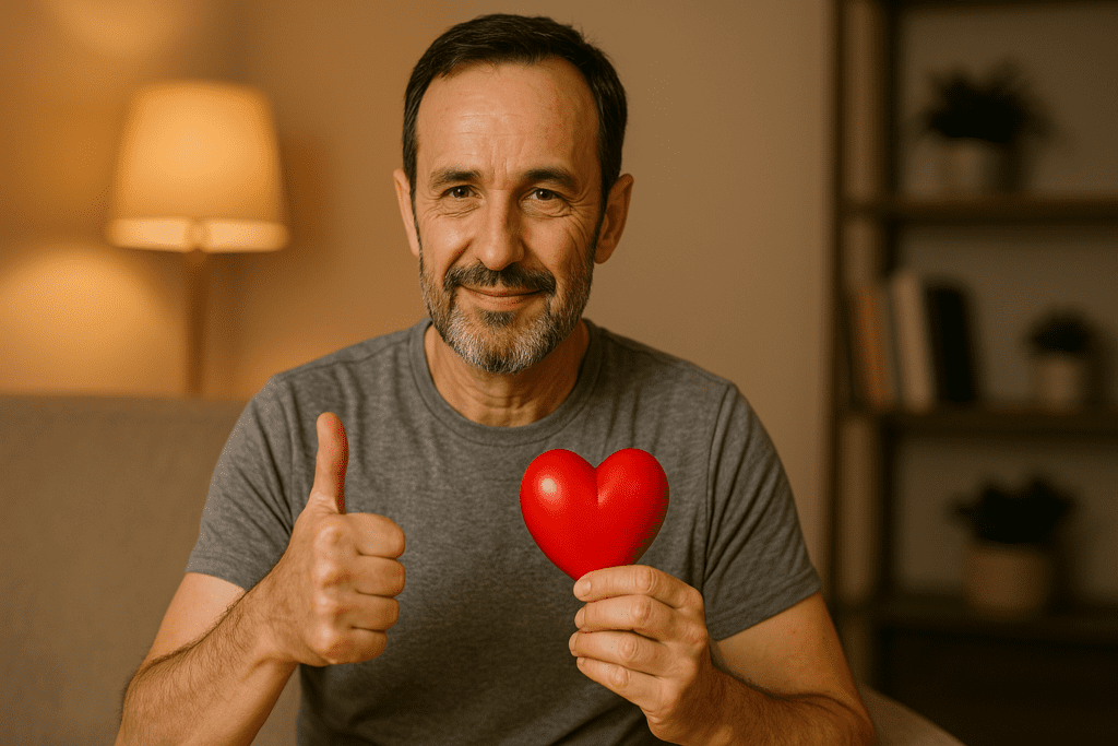 A smiling middle-aged man sits in a cozy, warmly lit living room holding a red heart-shaped object and giving a thumbs-up, symbolizing heart health and natural prevention of cardiovascular disease. The indoor ambient lighting and relaxed atmosphere convey a message of wellness and lifestyle balance.