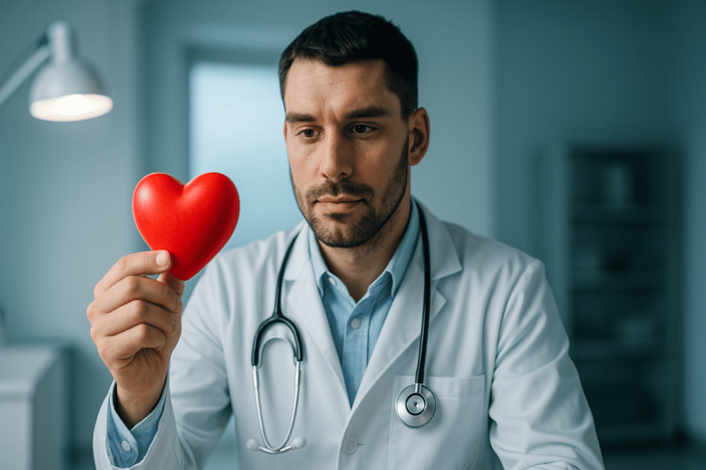 A serious-looking male doctor in a clinical environment holds a red heart-shaped object while wearing a white lab coat and stethoscope, symbolizing cardiovascular health awareness. The cool lighting and sterile background emphasize a scientific and preventive approach to heart disease.