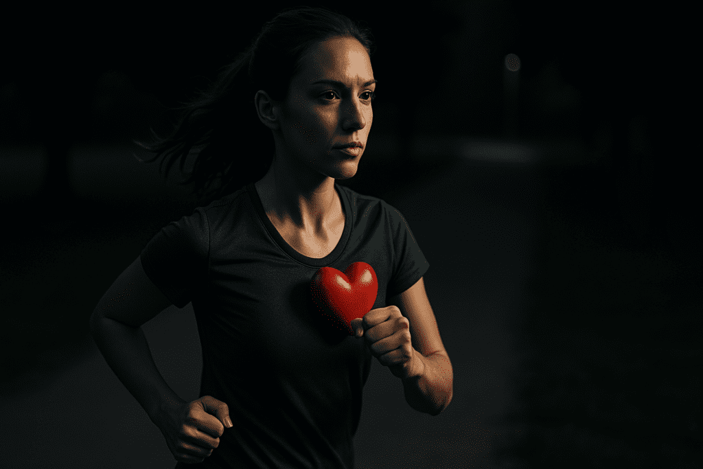 A young woman jogs at night through a dimly lit park, holding a red heart-shaped object close to her chest under dramatic, moody lighting. The dark environment and soft glow from a distant streetlamp highlight her dedication to fitness and heart health awareness through lifestyle choices.