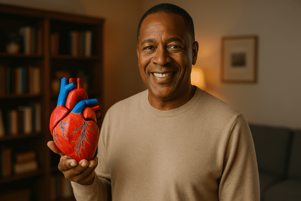 A middle-aged African-American man smiles while holding a realistic anatomical heart model in a warmly lit living room, symbolizing awareness of cardiovascular health. The ambient indoor lighting and homey background convey comfort and scientific mindfulness about heart health.