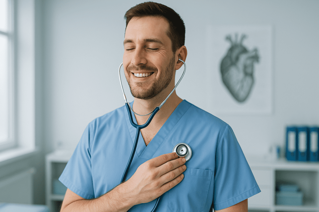 A smiling male doctor in blue scrubs listens to his own chest with a stethoscope in a brightly lit clinical setting, suggesting self-care and awareness of cardiovascular well-being. Cool clinical lighting highlights the importance of heart health monitoring in professional healthcare environments.