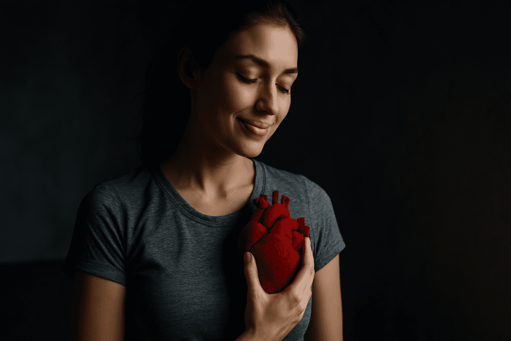A young woman in a gray shirt gently holds a red anatomical heart plush to her chest in a dark setting, illuminated by moody, dramatic lighting. The soft shadows and serene expression highlight emotional well-being and symbolize signs of good cardiovascular health.