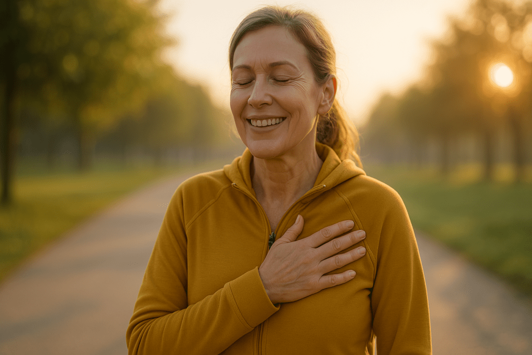A middle-aged woman smiles peacefully outdoors in the early morning light, placing a hand over her heart while standing on a tree-lined path. The soft golden glow enhances the serene mood, visually supporting heart health in women through mindful outdoor activity.