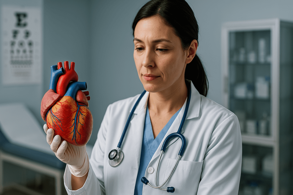 A female doctor in her 40s, wearing a white lab coat and stethoscope, examines a detailed anatomical heart model under clinical lighting in a sterile exam room. The image highlights professional insight into heart attack prevention strategies for women through cardiology education.