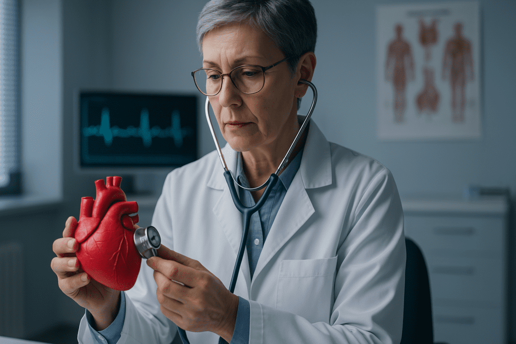 An experienced female physician with short gray hair uses a stethoscope to examine a heart model in a clinical office with moody, focused lighting and medical decor. This photorealistic scene emphasizes diagnostic expertise and heart health awareness in women’s preventative care.