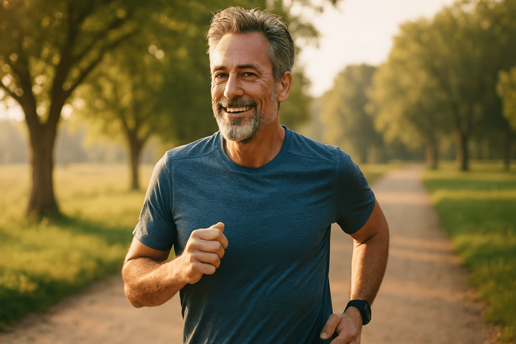 A middle-aged man with salt-and-pepper hair jogs along a sunlit, tree-lined path in the early morning, wearing a blue athletic shirt and fitness tracker. The soft natural light and green outdoor setting highlight the importance of regular exercise for circulatory system health and strong cardiovascular function.