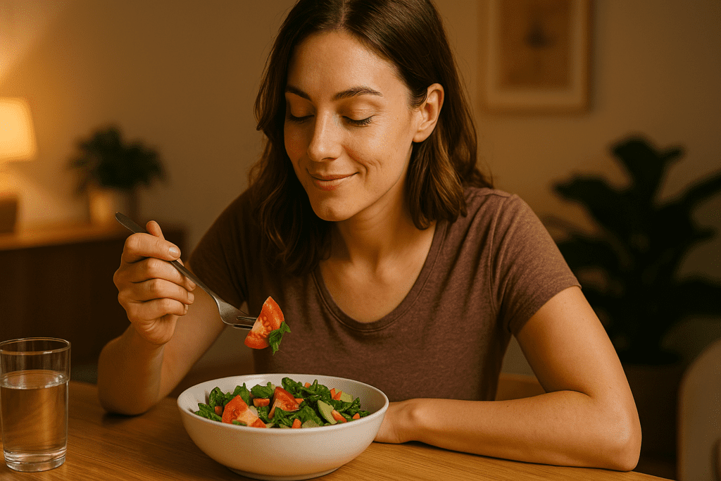 A young woman with shoulder-length brown hair sits at a wooden table in a warmly lit dining room, enjoying a fresh vegetable salad with tomatoes, cucumbers, and leafy greens. The soft ambient lighting and cozy indoor setting highlight the role of a heart-healthy diet in supporting vascular health and overall circulatory system wellness.