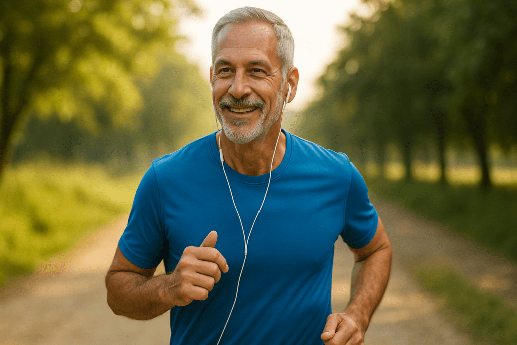 A middle-aged Caucasian man jogs alone along a peaceful, tree-lined dirt path in soft natural morning light, wearing a bright blue athletic shirt and earbuds. The warm golden glow and relaxed outdoor setting convey a healthy lifestyle focused on maintaining heart and circulatory system health through regular physical activity.