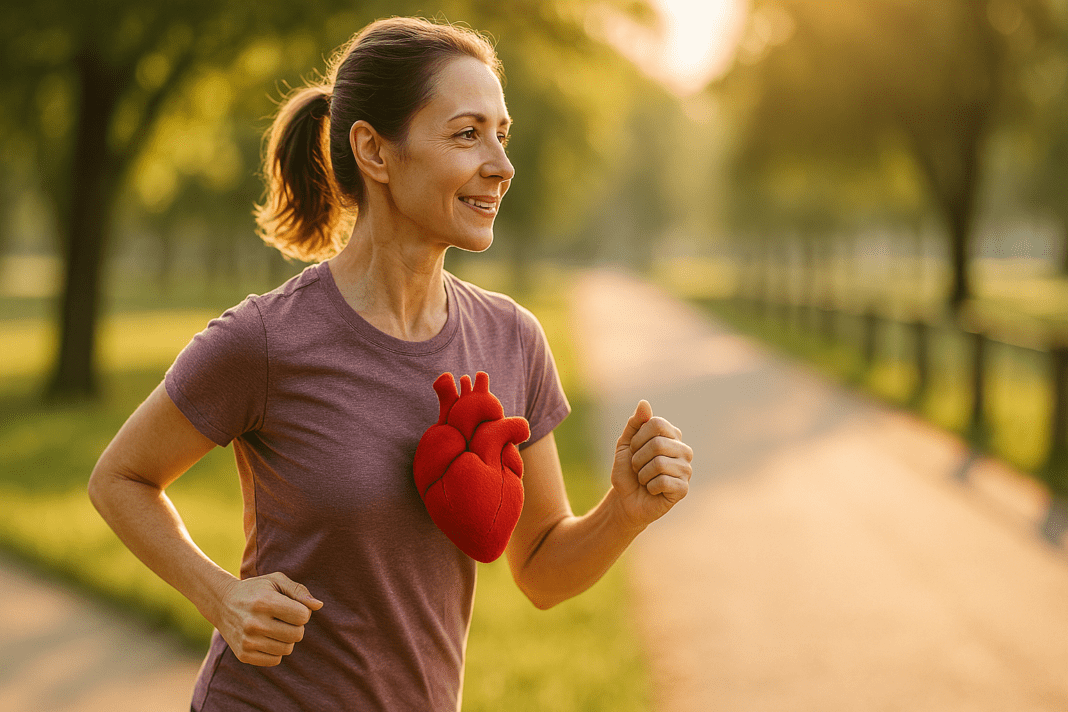 A fit, middle-aged woman jogs along a tree-lined path in the early morning light, holding a plush red anatomical heart against her chest. The scene, set in a peaceful park with golden sunlight and soft-focus greenery, symbolizes cardiovascular health and the importance of exercise for maintaining a healthy circulatory system.