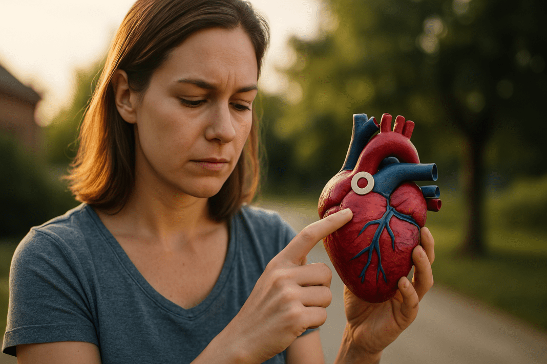 A woman in her 30s stands outdoors in soft natural morning light, carefully examining a realistic anatomical heart model with a visible circular structure near the top. The serene park-like setting and golden sunlight emphasize the connection between heart anatomy awareness and cardiovascular health education.
