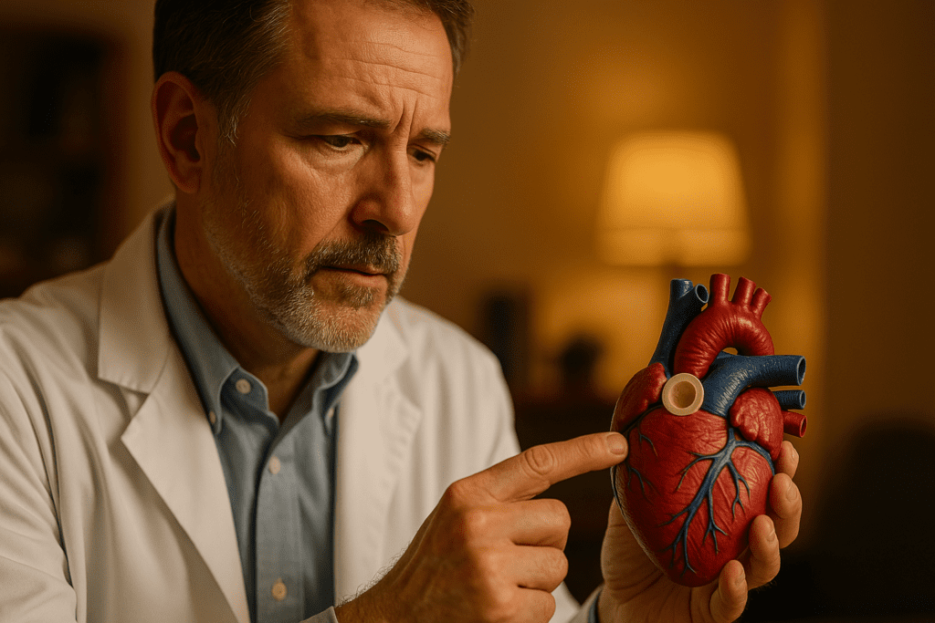 A focused male doctor studies a 3D anatomical heart model in a warmly-lit indoor setting, gently pointing to the circular aortic structure at the top. The ambient lighting and professional atmosphere emphasize cardiovascular anatomy and the importance of understanding heart function in clinical care.