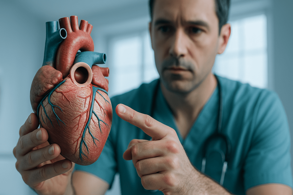 A male healthcare worker holds and points to a detailed anatomical heart model, highlighting the round opening at the top in a cool clinical environment. The sharp focus and modern setting emphasize the role of the aortic structure in cardiovascular health education and professional heart anatomy analysis.