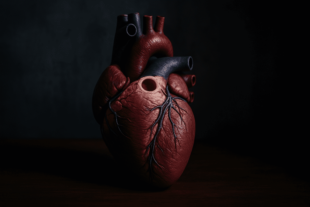 A realistic anatomical heart model sits upright on a dark wooden table, dramatically lit from the side to reveal its textures and the round aortic opening at the top. The moody lighting and shadowy background create a compelling visual focused on heart anatomy and its significance for cardiovascular health.