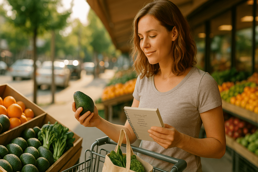 A young woman with light brown hair shops for healthy produce at an outdoor grocery market on a sunny afternoon. She holds a handwritten grocery list and examines an avocado while her shopping cart contains leafy greens and other vegetables. The natural morning light and fresh produce create a vibrant, health-focused atmosphere aligned with a weight loss-friendly grocery list.