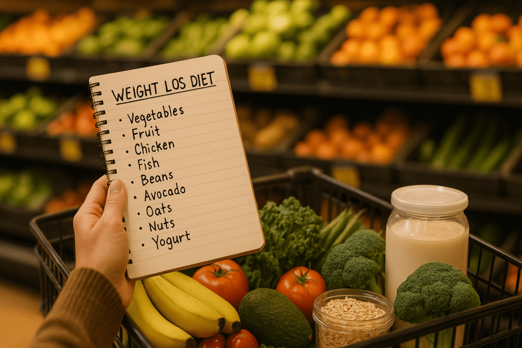 A person holds a notepad labeled “Weight Loss Diet” in a warmly lit supermarket, with a detailed list of healthy foods like vegetables, fruit, and lean proteins. The shopping cart in the foreground is filled with nutritious items such as broccoli, bananas, tomatoes, and yogurt, visually reinforcing smart grocery choices for sustainable weight loss and better nutrition.