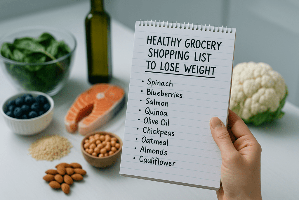 A person holds a notepad labeled “Healthy Grocery Shopping List to Lose Weight” in a modern kitchen with cool clinical lighting. Fresh ingredients like salmon, spinach, blueberries, quinoa, and almonds are neatly arranged on a white countertop, visually supporting a clean, balanced diet for weight loss. The scene emphasizes a strategic approach to healthy grocery shopping in a minimalist, health-conscious environment.