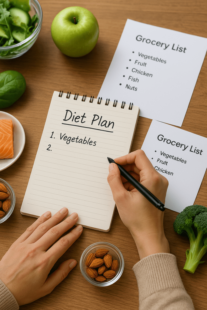 A person begins writing a diet-focused grocery list in a notepad labeled “Diet Plan” on a wooden table surrounded by healthy foods like a green apple, salmon, almonds, and broccoli. The soft moody lighting and warm wood tones create a calm, intentional setting, visually reinforcing the theme of planning a healthy grocery shopping list for weight loss and sustainable nutrition.