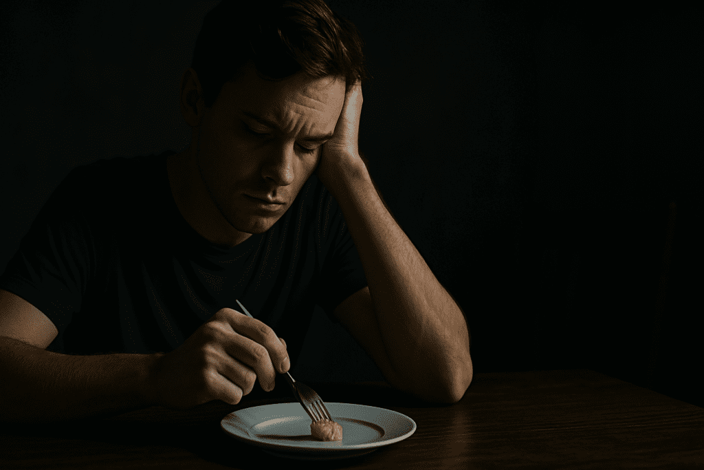 A young man with light skin sits alone at a dark wooden table under moody, dramatic lighting, resting his head in one hand while staring at a small bite of food on his plate; the low lighting and shadowy background evoke the emotional weight and solitude often experienced by those battling eating disorders.
