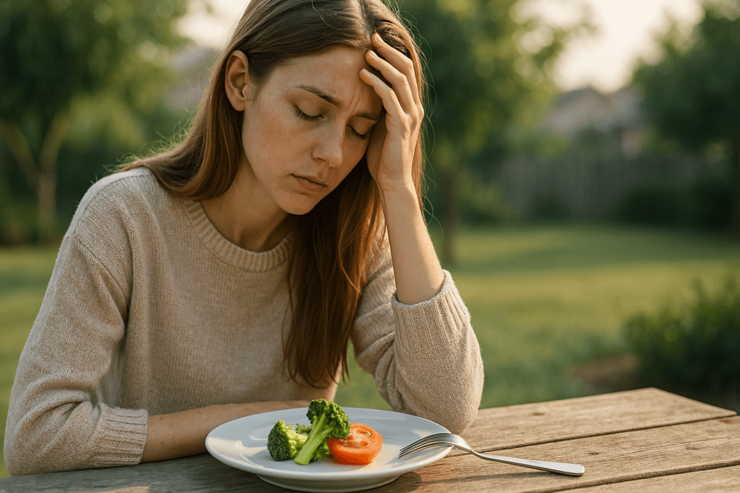 A young woman with long brown hair sits alone at a wooden outdoor table, resting her head in one hand with eyes closed in distress, while a small plate of vegetables sits untouched in front of her; soft natural morning light casts a gentle glow over the quiet suburban backyard scene, visually representing emotional struggle and the challenges of eating disorders.