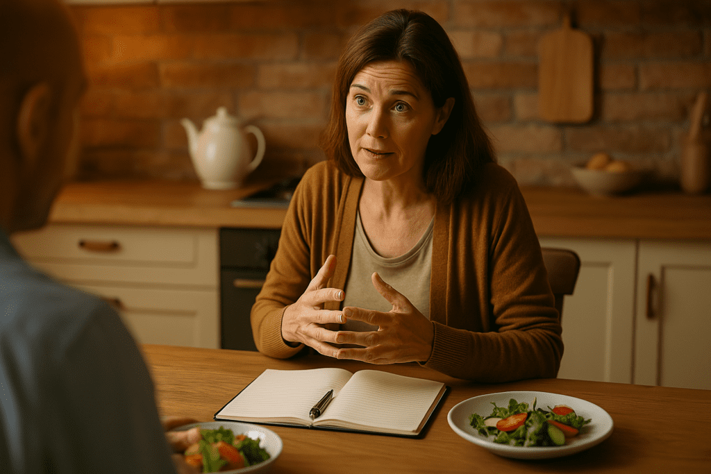 A middle-aged woman sits at a warmly lit kitchen table, actively speaking and using expressive hand gestures during a supportive conversation, with a salad plate and open notebook in front of her; the cozy indoor setting and warm lighting convey empathy, making it ideal for articles about eating disorder recovery and supportive interventions.